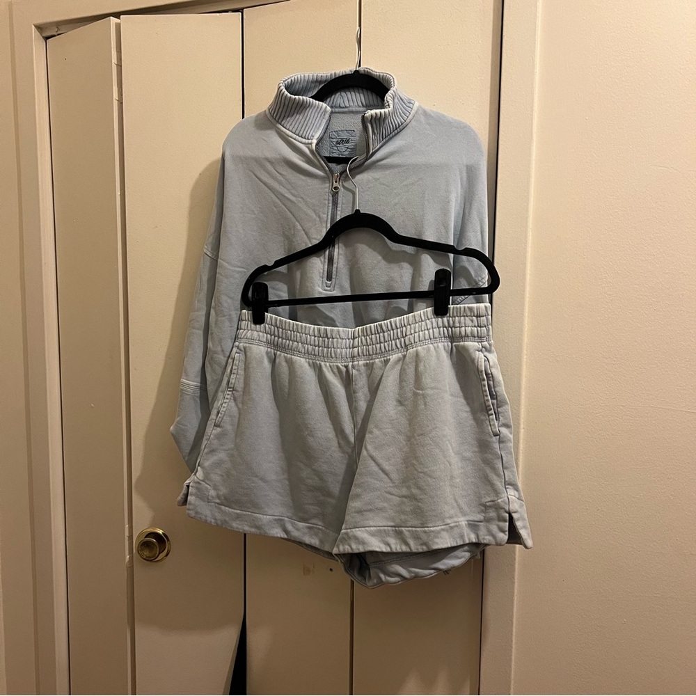 aerie Light Blue Half-Zip Pullover Sweatshirt with matching Shorts